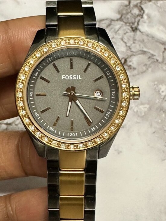 Fossil Stella Womens Watch Gunmetal Rose Gold Tone Crystal Bezel New Battery